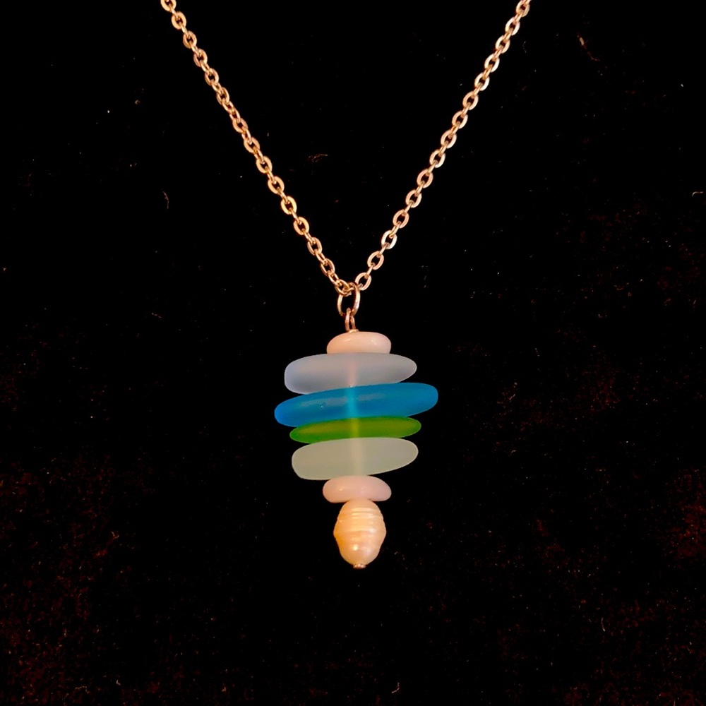 Beach Glass, freshwater Pearl and Shell Necklace